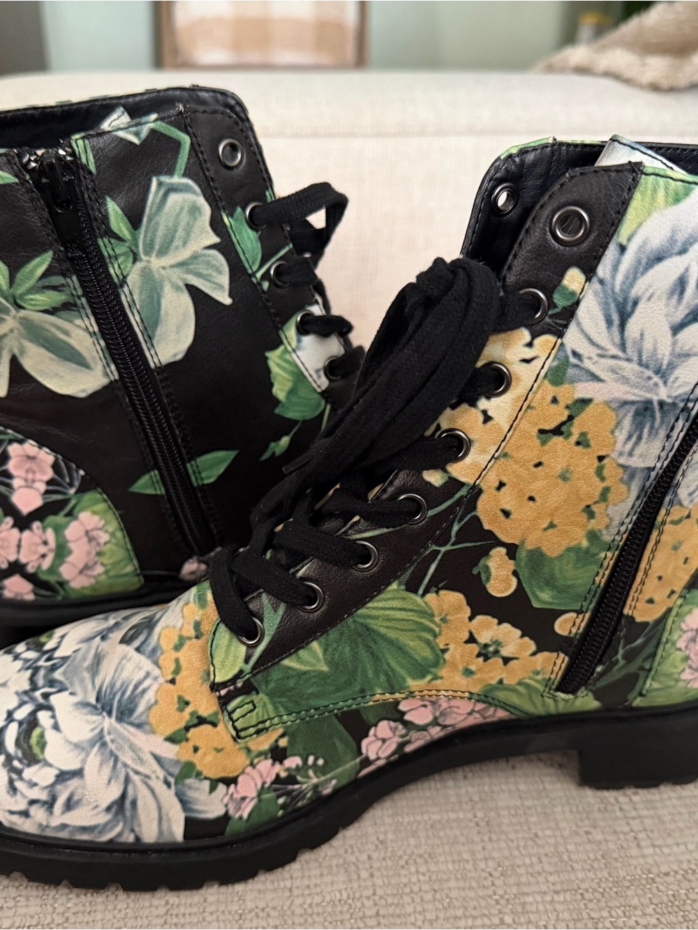 Steve Madden Black Floral Combat Boots with Green, Yellow & Pink Accents - Picture 5 of 7